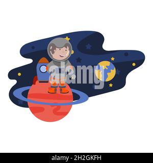 illustration of an astronaut in space standing on a planet, vector isolated on a white background. Stock Vector