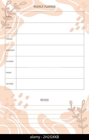 weekly planner template with hand drawn trendy organic shapes and floral botanical element. Stock Vector