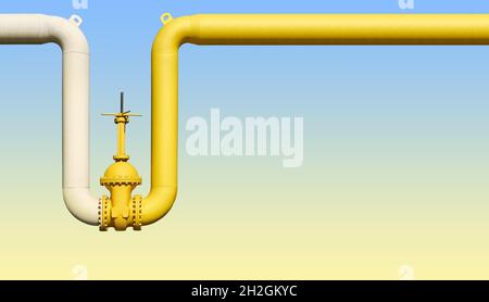 Large water shutoff valve with flanges and lever on pipeline system isolated on blue yellow gradient background front view Stock Photo