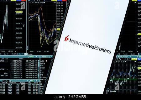 Interactive Brokers is an American brokerage firm. A smartphone with the Interactive Broker logo on the background of dashboard webpage. Stock Photo