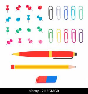 Office multi colored paper pins, paper clips, pen, pencil and eraser flat style vector illustration. Stock Vector