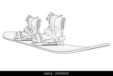 Snowboard wireframe with boots for the snowboarder from black lines isolated on white background. 3D. Vector illustration Stock Vector