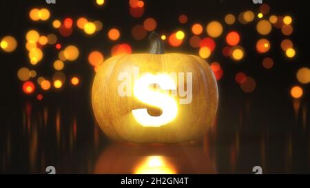 Letter S carved on Halloween pumpkin. 3d illustration with bokeh effect on background. suitable for halloween, alphabet and holiday sale themes. Stock Photo