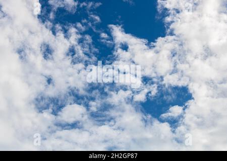 Fluffy white clouds framing the picture in the vibrant blue sky. View from below Stock Photo