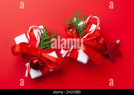 Christmas gift boxes with craft decor. Top view flat lay Stock Photo