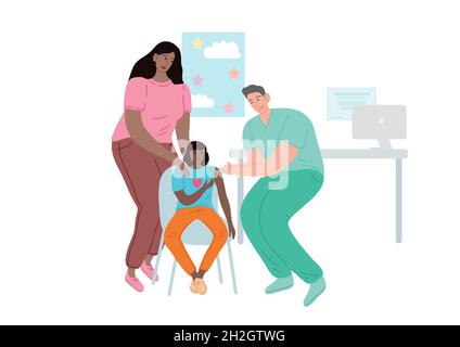 Doctor vaccinating the patient. A woman with a child at a doctor appointment Stock Vector