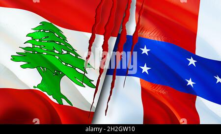 Lebanon and Netherlands Antilles flags with scar concept. Waving flag,3D rendering. Lebanon and Netherlands Antilles conflict concept. Lebanon Netherl Stock Photo