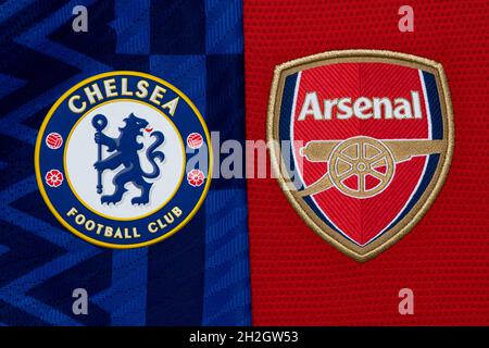 Close up of Chelsea and Arsenal club crest. Stock Photo