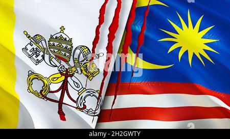 Vatican and Malaysia flags with scar concept. Waving flag,3D rendering. Malaysia and Vatican conflict concept. Vatican Malaysia relations concept. fla Stock Photo