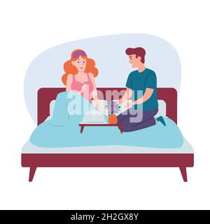 Romantic happy couple having breakfast in bed. Stock Vector