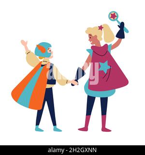Kids wearing colorful costumes of superheroes. Vector. Stock Vector