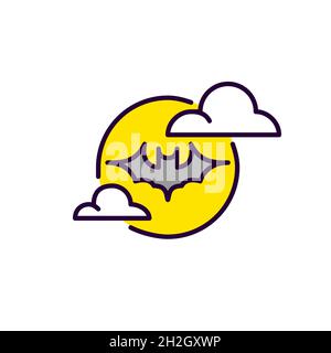 Halloween bat silhouette flying agains the moon. Pixel perfect, editable stroke colorful line art icon Stock Vector