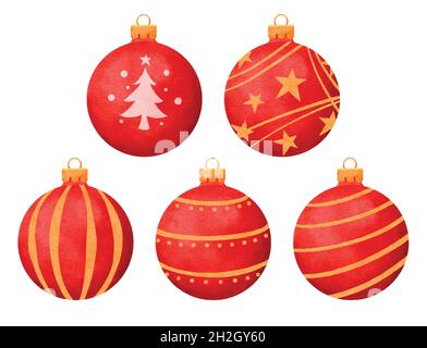 Red christmas balls watercolor style decoration isolated on white background. Stock Vector