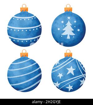 Blue christmas balls watercolor style decoration isolated on white background. Stock Vector