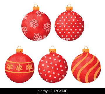 Red christmas balls watercolor style decoration isolated on white background. Stock Vector