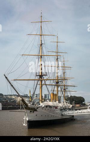 Vertical view of the vintage Presidente Sarmiento frigate museum ship, Puerto Madero, Buenos Aires, Argentina Stock Photo