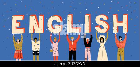 Diverse people holding letters word English. Learn foreign language. Stock Vector