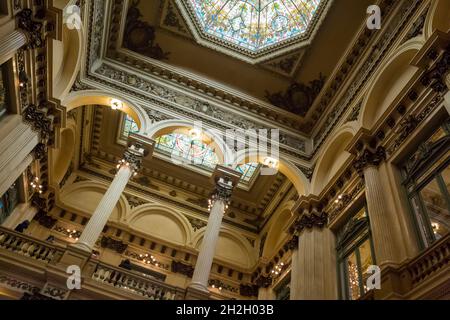 Horizontal slanted low angle view of the top of the Teatro Colón (Columbus Theatre) interior, Congreso neighborhood, Buenos Aires, Argentina Stock Photo
