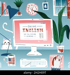 Learn english online education language. Workplace, desktop computer Stock Vector