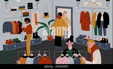 People in store choose clothes. Retail outlet. Stock Vector
