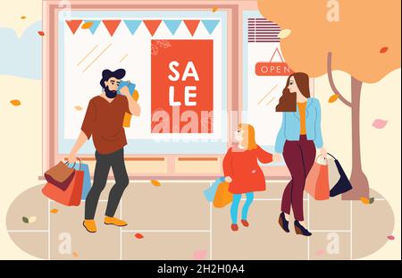 Young family with child walking out in front of the store Stock Vector