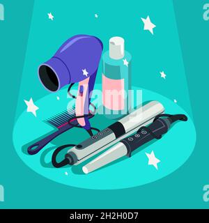 Set of hairdressing styling equipment Hair dryer, curler. Stock Vector