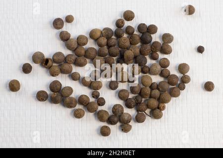 Jamaica pepper on white textured background, traditional spices. allspice close-up. selective focus Stock Photo