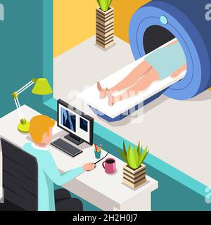 Medicine concept MRI scan and diagnostics Patient lying scanner machine in clinic Stock Vector