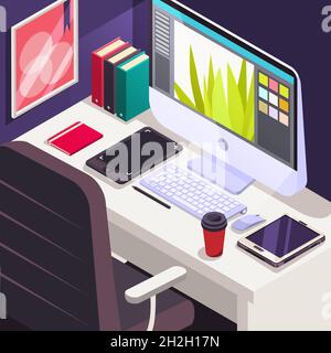 Workplace office work Objects on table Isometric concept of workspace with computer and office equipment. Stock Vector