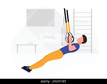 Fit man working out on trx doing bodyweight exercises. Fitness strength training workout Stock Vector