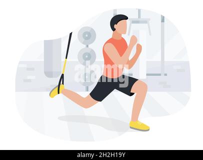 Fit man working out on trx doing bodyweight exercises. Fitness strength training workout Stock Vector