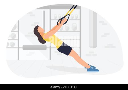 Fit woman working out on trx doing bodyweight exercises. Fitness strength training workout Stock Vector