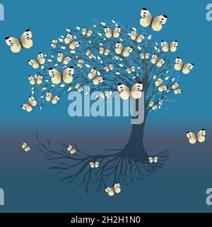 A blue tree of life or yggdrasil  with small white butterflies.  The tree is in blue tints. The background is a blue gradient looks like twilight Stock Vector