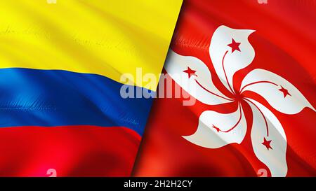 Colombia and Hong Kong flags. 3D Waving flag design. Colombia Hong Kong flag, picture, wallpaper. Colombia vs Hong Kong image,3D rendering. Colombia H Stock Photo