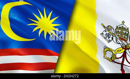 Malaysia and Vatican flags. 3D Waving flag design. Malaysia Vatican flag, picture, wallpaper. Malaysia vs Vatican image,3D rendering. Malaysia Vatican Stock Photo