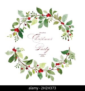 Merry Christmas with berry wreath watercolor. Bouquet of holly leaves and pine branches watercolor hand-painted. Suitable for Christmas cards design, Stock Vector
