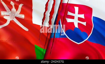 Oman and Slovakia flags with scar concept. Waving flag,3D rendering. Slovakia and Oman conflict concept. Oman Slovakia relations concept. flag of Oman Stock Photo