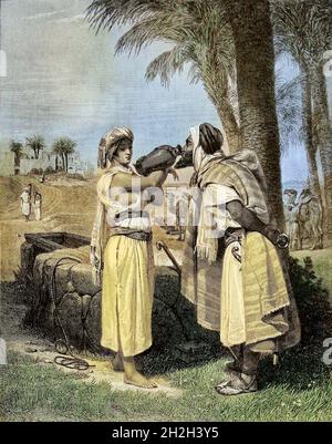 Machine Colorized image of Rebekah and Eliezer at the well from ' The Doré family Bible ' containing the Old and New Testaments, The Apocrypha Embellished with Fine Full-Page Engravings, Illustrations and the Dore Bible Gallery. Published in Philadelphia by William T. Amies in 1883 Stock Photo