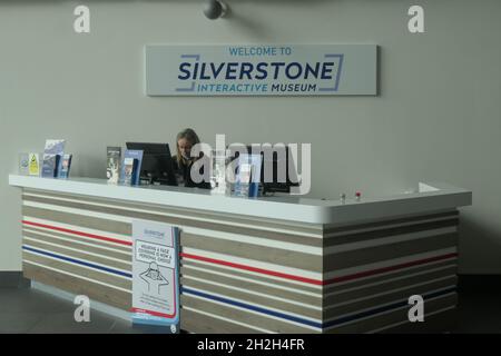 Reception desk at the Silverstone museum Northamptonshire UK with welcome sign interactive museum Stock Photo