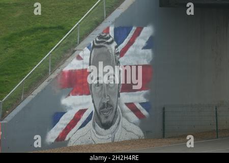 Lewis Hamilton poster on a bridge at the Silverstone museum Northamptonshire UK with Union Jack flag famous racing driver British history photo Stock Photo