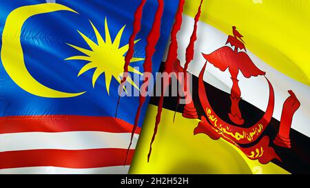 Malaysia and Brunei flags with scar concept. Waving flag,3D rendering. Malaysia and Brunei conflict concept. Malaysia Brunei relations concept. flag o Stock Photo