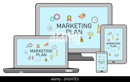 Marketing plan concept shown on different information technology devices Stock Photo