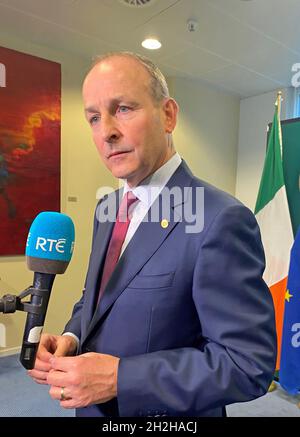 Taoiseach Micheal Martin speaks to the media in Brussels, Belgium, where he has called for an immediate review of politicians' security in the wake of Sir David Amess's killing. Picture date: Friday October 22, 2021. Stock Photo