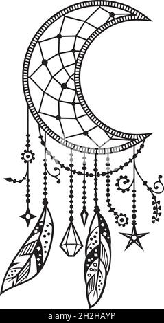 Mandala moon with feathers. Dreamcatcher vector illustration. Stock Vector