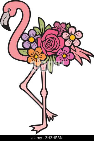 Flamingo with flowers color vector illustration Stock Vector