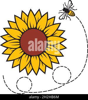 Sunflower and flying Bee color vector illustration Stock Vector