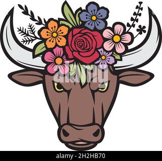 Floral bull head color vector illustration Stock Vector