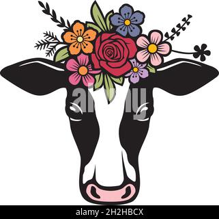 Cow head with flowers color vector illustration Stock Vector