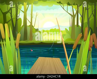 Pier for fishing on coast of river or lake. Wild pond. Summer landscape. Rural fields and mountains in the distance. Water flow and shallow waves. Ill Stock Vector