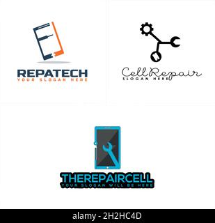 Modern phone screen repair service screwdriver gear tech logo design Stock Vector